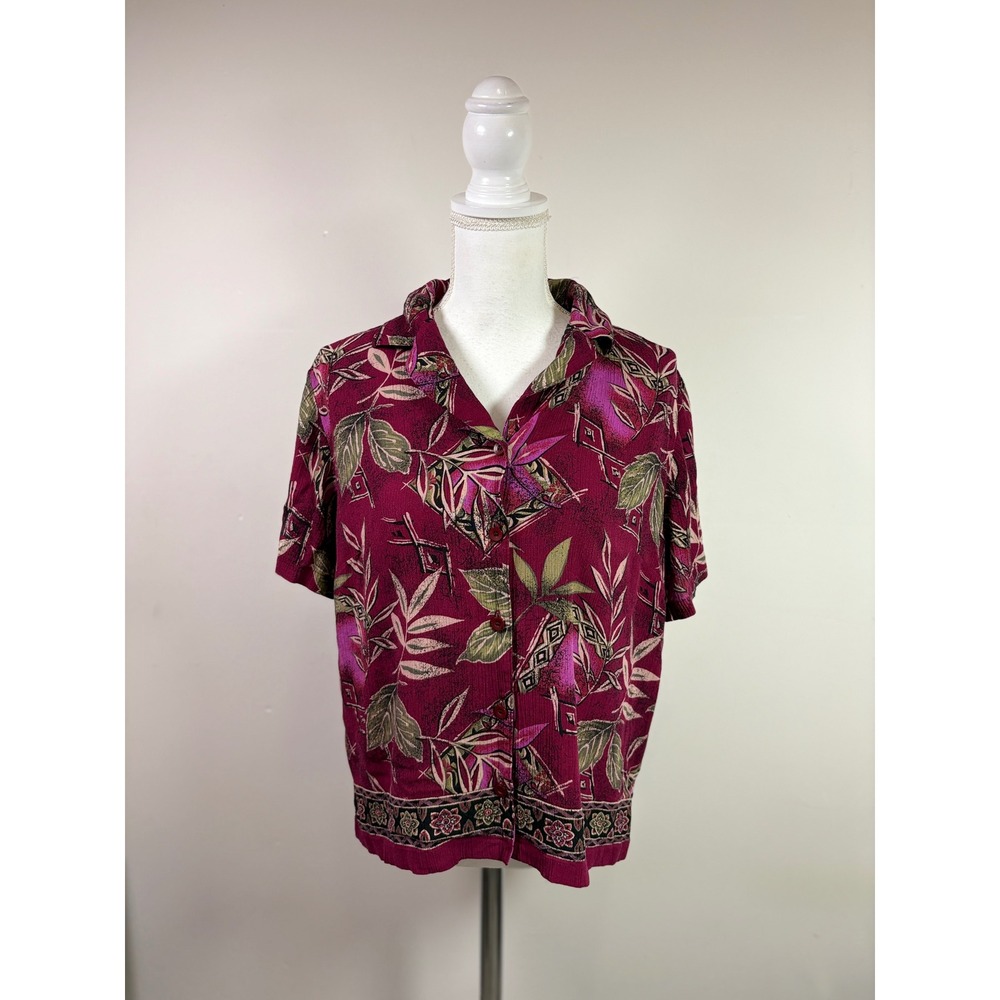 JM Collection Burgundy Tropical Leaf Print Rayon Button Front Blouse Size 14